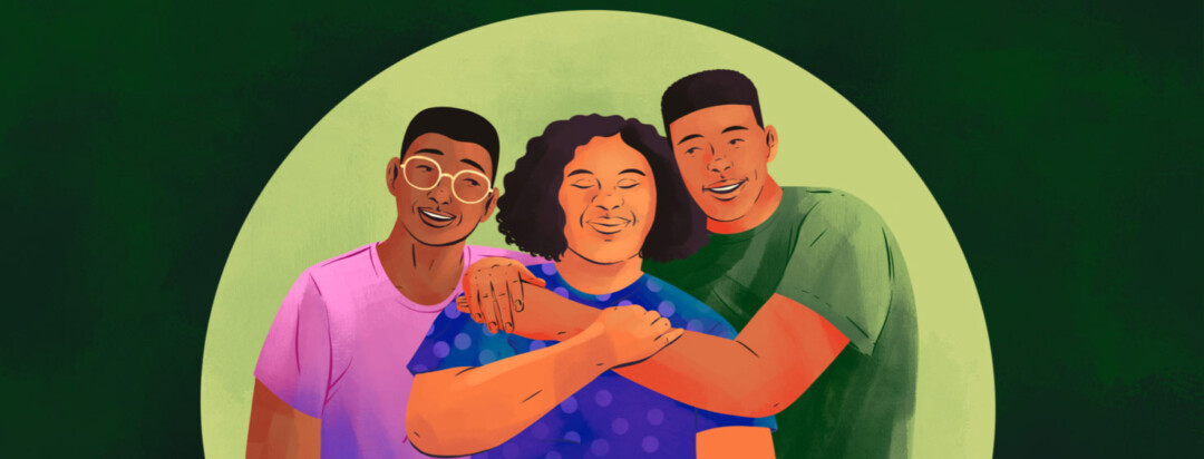 A woman flanked by two men receives hugs and support from her sons.