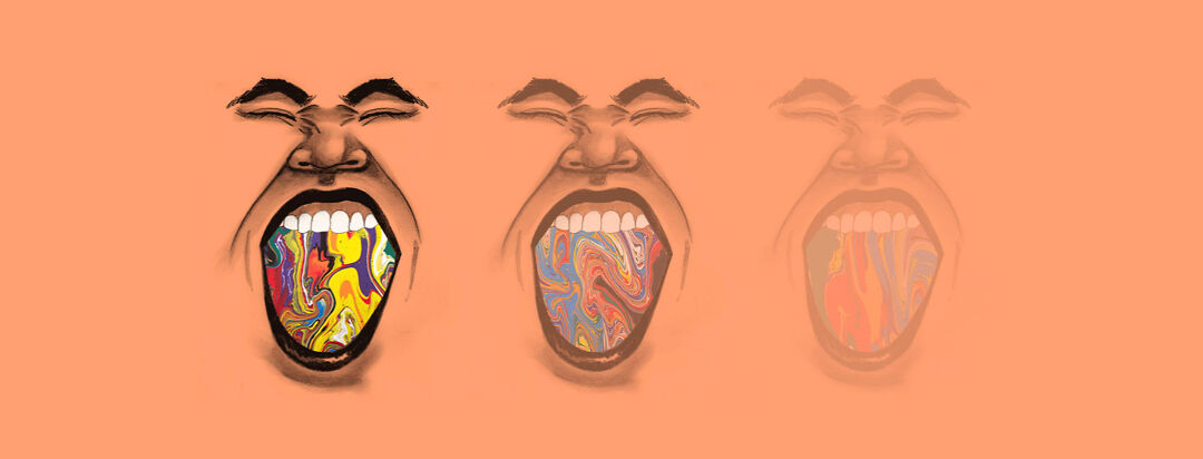 Faces with mouths wide open in angry yelling expressions gradually fading from left to right.
