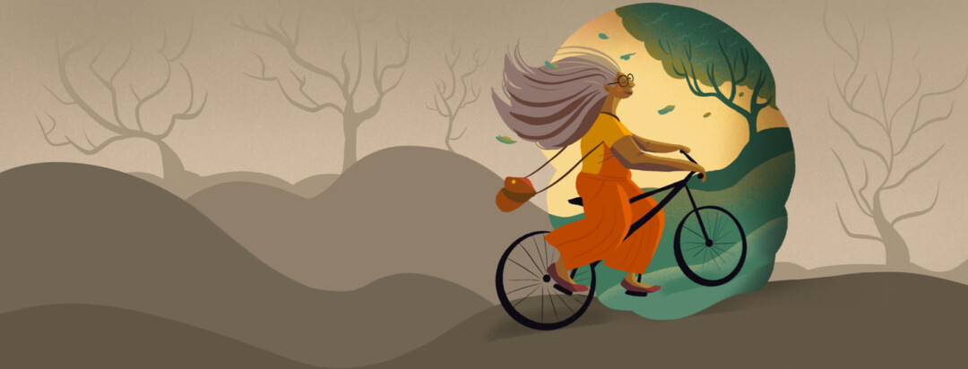 Break, escape, reprieve, woman rides bike into sunset beautiful environment