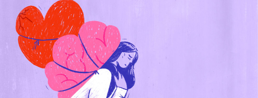 A hunched over woman carries a brain and heart on her back, caring for mental health