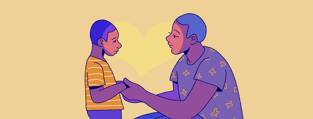 A nonbinary parent and a child holding hands having a serious conversation,