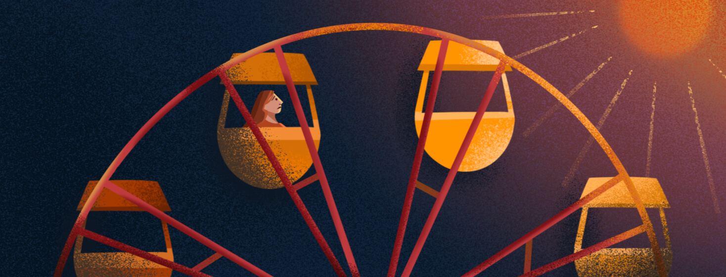 Woman in carousel frowns as her car emerges from darkness, approaching an orange menacing sun.