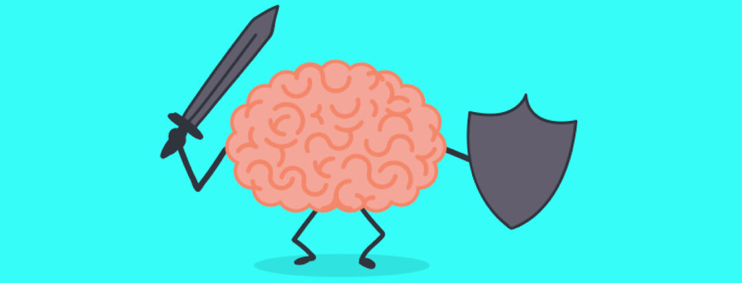 Brain holding a sword and shield.