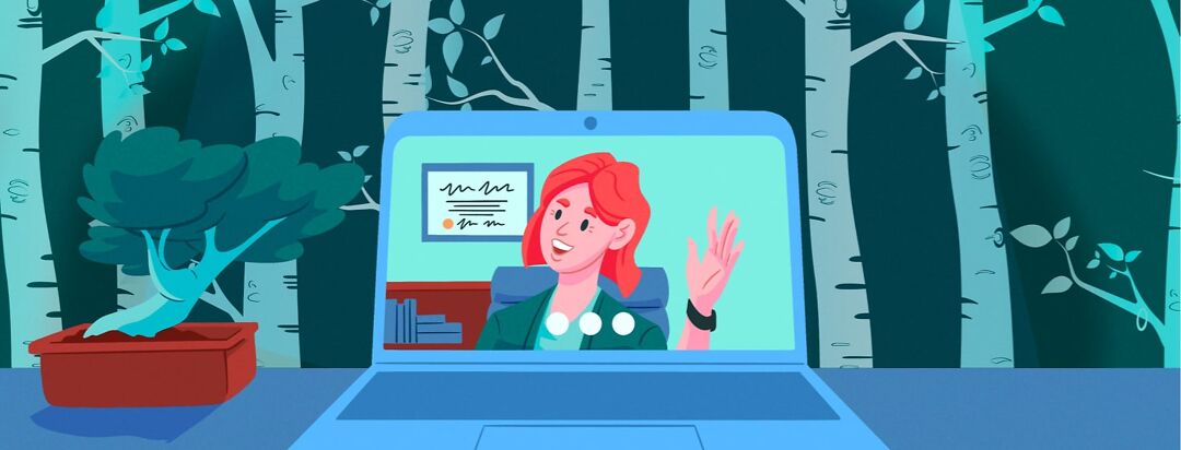 A virtual therapy session on a laptop is surrounded by a forest of trees