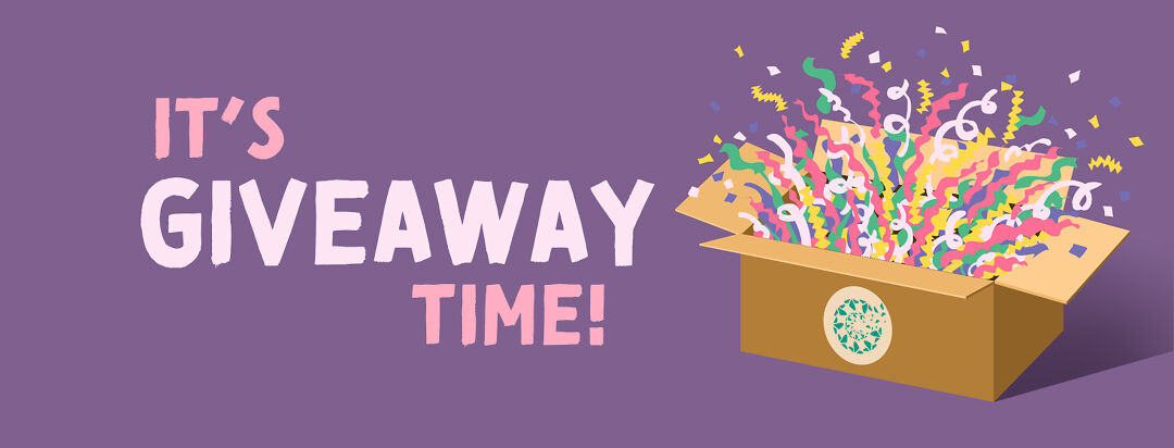 A box exploding with confetti against a purple background, with text announcing a giveaway,
