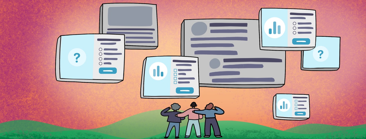 A group of people that are part of a community look up at boxes of personal stories, questions and polls floating in the sky